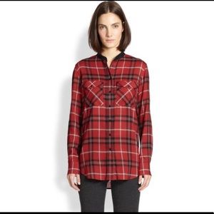 Vince Red Plaid Leather Collar Button Down Top